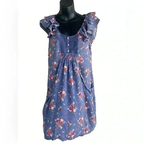 Double Zero women’s blue florar dress ruffle sleeves pearl buttons sz M pockets - Picture 1 of 9